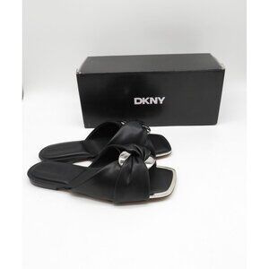Dkny Doretta Black Faux Leather Flat Peep Toe Slide Sandals 6 NEW